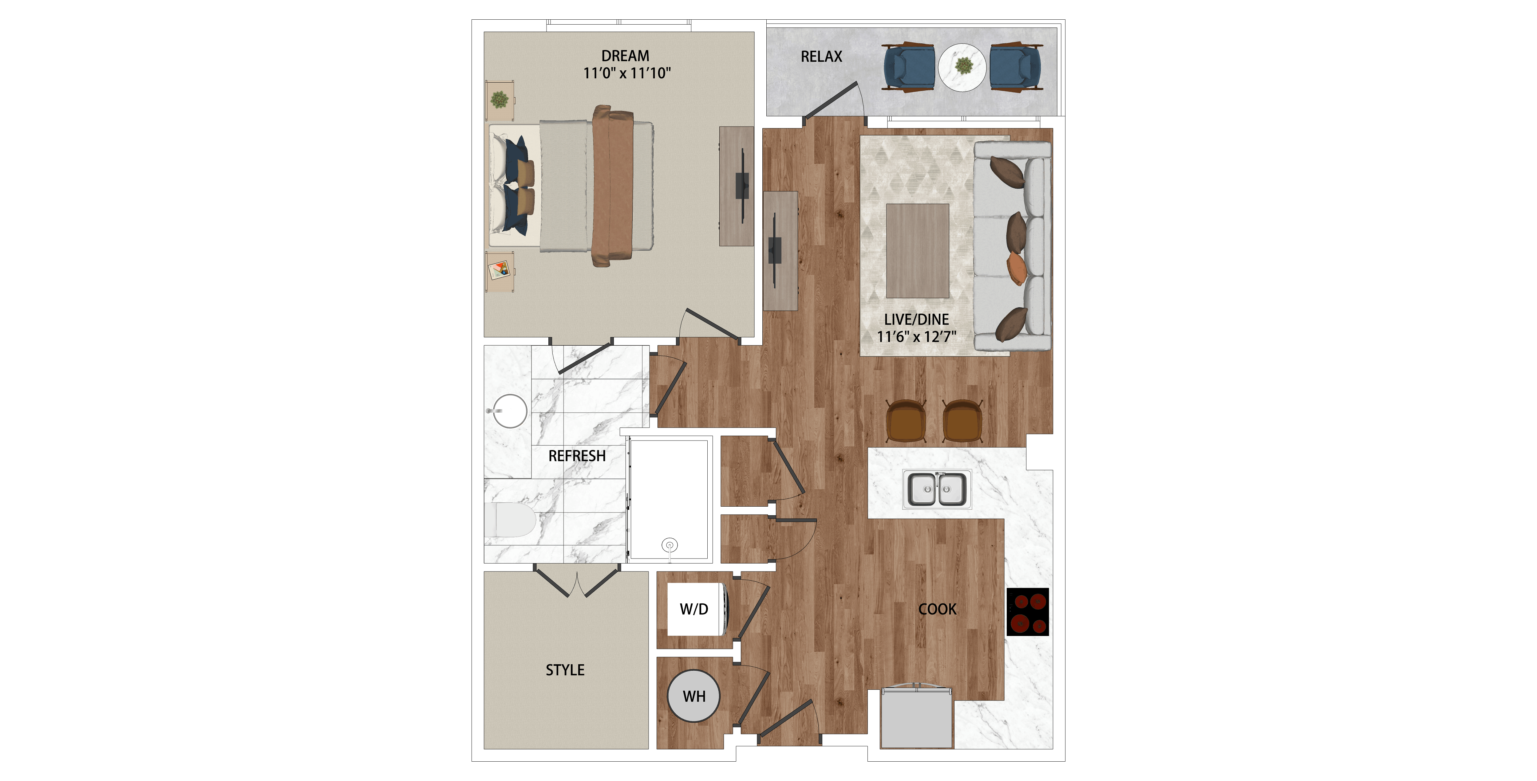 Floor plan for 1 bed, 1 bath, 669 sqft